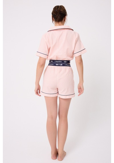 Lespadon Marısılk Seastrıpe Kadın Yazlık Şortlu Crop Gömlekli Pijama & Lounge Takımı-3201 Pembe
