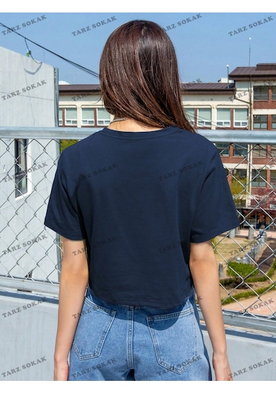 Flood Of Style Crop Ckod-232913 Dazy Yazılı Baskı Kısa Kollu Lacivert
