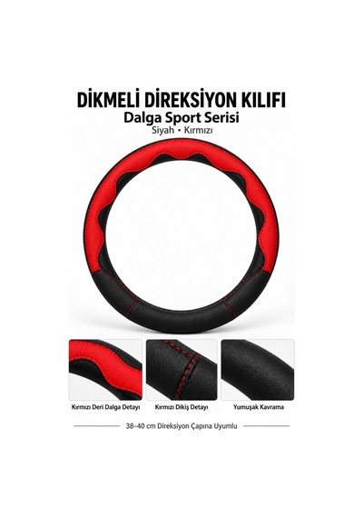 Trobus Dacia Sandero 2008-2012 Uyumlu Dikmeli Direksiyon Kılıfı Dalga Sport Deri Siyah Kırmızı Siyah - Kırmızı