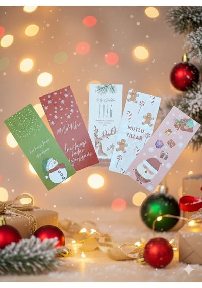 5 Adet Yılbaşı Konsept Ayraç - Yılbaşı Paketleme Kartı - Yılbaşı Hediyesi - Kitap Ayracı 6x15cm