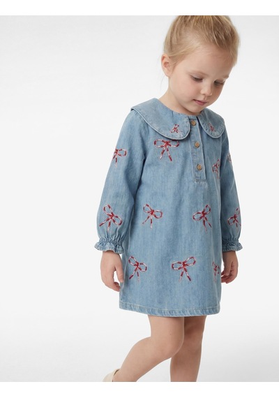 Koton Pamuklu Fiyonk İşlemeli Uzun Kollu A Kesim Bebe Yaka Denim Elbise Lıght Indıgo 6smg80006ad Açık Mavi