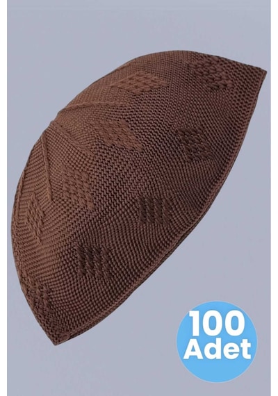Tezzgelsin 100'lü Dokuma Örgü Desenli Takke Kaliteli Namaz Takkesi Kahverengi
