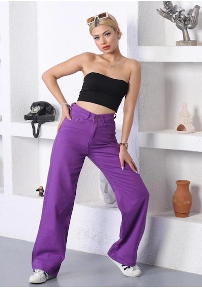 Kene Jeans Yüksek Bel Mor Keten Bol Paça Tam Kalıp Pantolon Mor