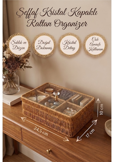 6 Bölmeli Rattan Düzenleyici Organizer Bitki Çayı Sepeti Şeffaf Kristal Kapaklı Rattan Saklama Kutusu Çay Poşeti Organizeri Kristal Kulplu 24,5 X 17 X 10 Cm Kahverengi Kahverengi