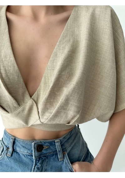 Fashion Cocktail Kısa Kol V-yaka Keten Sırt Bağlama Mini Karın Dekolteli Yazlık Kombin Crop Bluz Krem Fashion Cocktail Kısa Kol V-yaka Keten Sırt Bağlama Mini Karın Dekolteli Yazlık Kombin Crop Bluz Krem