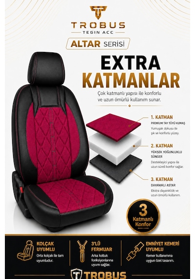 Fiat Egea Cross 2020 Sonrası Uyumlu Altar Serisi Tay Tüyü Bordo Siyah Premium Koltuk Kılıfı