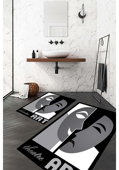 Yüz Desen Banyo Paspası, Kaymaz Taban, Yıkanabilir Klozet Takımı, Gri