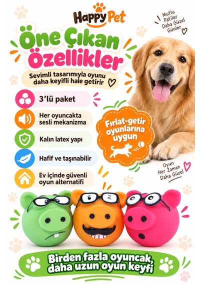 Happy Pet Piggles Komik Surat Desenli Sesli Köpek Oyuncağı 3'lü Paket