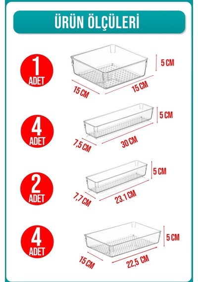 11 Li Kaşıklık Ve Çekmece İçi Düzenleyici Modüler Organizer Set Şeffaf