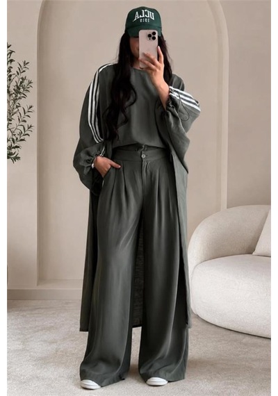 Neşeli Butik Kadın Haki Şerit Detaylı Oversize Tunik Pantolon İkili Tesettür Takım Nms102
