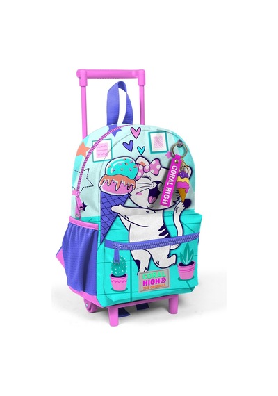 Minik Yuva Çekçekli Sırt Çantası Turkuaz Pembe Dondurmalı Kedi Desenli İki Bölmeli 24051