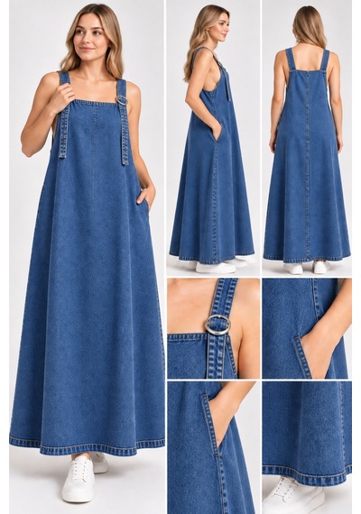 Bul-al Kadın Siyah Askılı Cep Detaylı Denim Elbise Mavi