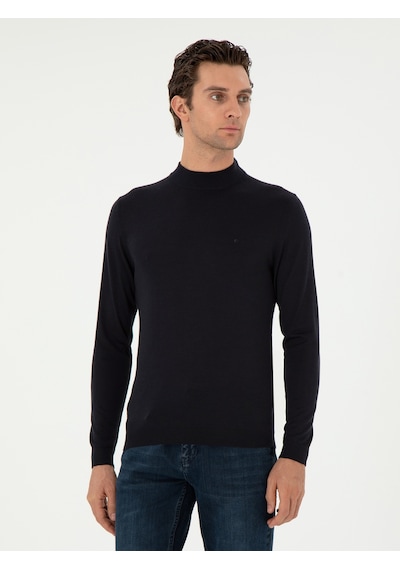 Cacharel Lacivert Slim Fit Kaşmir İpek Karışımlı Çeyrek Balıkçı Yaka Triko Kazak