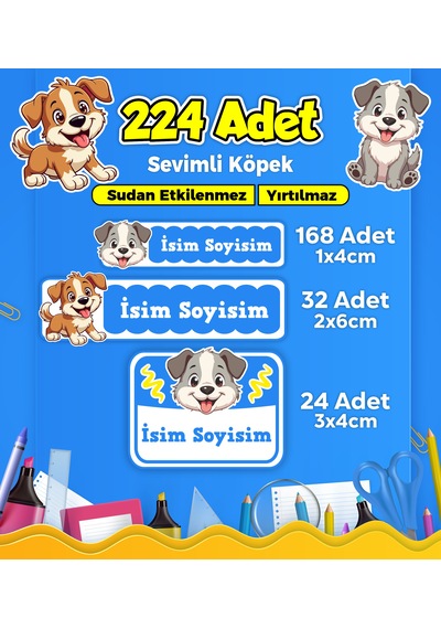 Sevimli Köpek Temalı Okul Kreş Kişiye Özel İsim Etiket Seti - Model 404 Çok Renkli