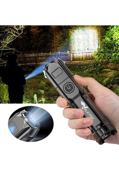 Valkyrie Şarjlı Ultra Güç El Feneri Zoom 3 Mod Type-c Uzun Kullanım Suya Dayanıklı Siyah