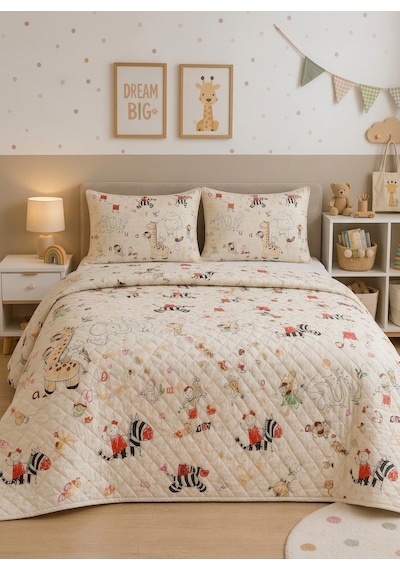 Çift Kişilik Kapitone Dolgulu Safari Desen Pike 4 Mevsim 2 Adet Yastık Kılıfı Dahil 200x230cm Bej