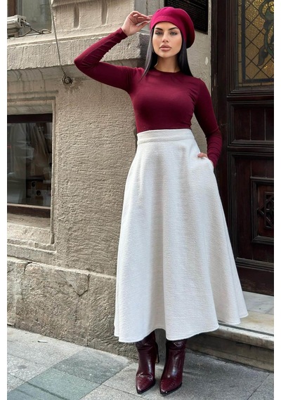 WeShaya Ekru Yüksek Bel, Cepli, Kiloş Kesim, Kırçıllı Kaşe Uzun Etek Ekru