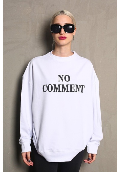 Madmext Beyaz Bisiklet Yaka Baskılı Oversize Kadın Sweatshirt Mg1902 Beyaz