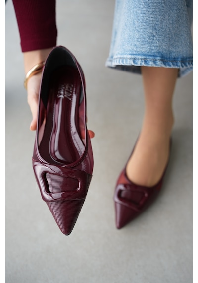 Selin Shoes Carla Sivri Burun Tül Detaylı Toka Aksesuarlı Kadın Babet- Bordo
