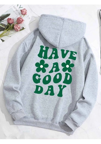 Papatya Good Day Sweatshirt - Gri Baskılı Oversize Kalın Kışlık Kapüşonlu Gri