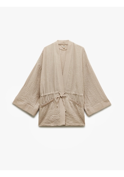Koton Uzun Kollu Cepli Beli Bağcık Detaylı Kruvaze Kimono Vizon 5sak50021pw Vizon