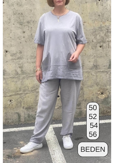 Mia Butik Büyük Beden Verona Gri Keten Takım Gri