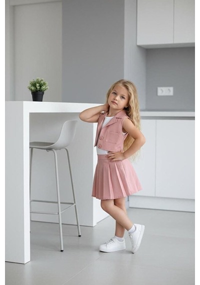 Bubiee Baby Kız Çocuk Askılı Bluzlu Pembe Crop Yelekli Ve Pileli Etekli Alt Üst Takım 3'lü -şık Bayramlık Set Bubiee Baby Kız Çocuk Askılı Bluzlu Pembe Crop Yelekli Ve Pileli Etekli Alt Üst Takım 3'lü -şık Bayramlık Set