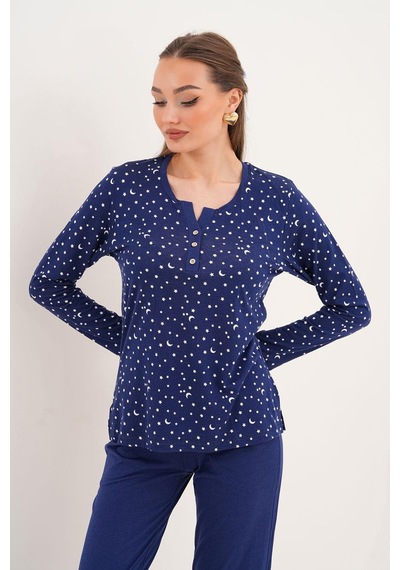 Çift Kaplan Kadın Pamuk Modal Yıldızlı Açık Patlı Lacivert Pijama Takımı 7005 Lacivert
