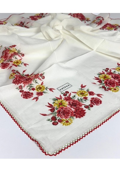 Eripek Oyalı Pamuk Yazma 6593 Krem-kırmızı