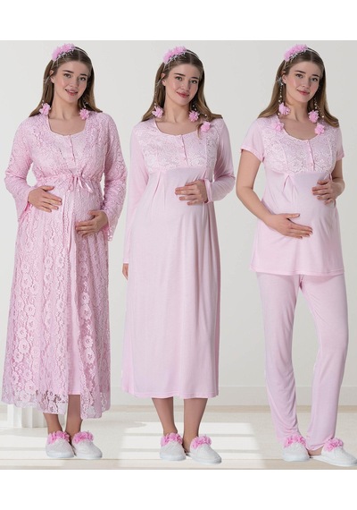 Mecit Pijama Mecit 6060 Pembe Dantel Sabahlıklı Gecelik Pijama Lohusa Set