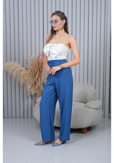 Polologin Butik Beli Bağcıklı Yüksek Bel Bol Paça Mavi Pantolon Kapalı Mavi