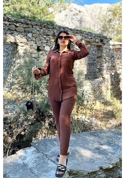 Kahverengi Cep Detaylı Gömlekli Alt Üst Takım Kahverengi