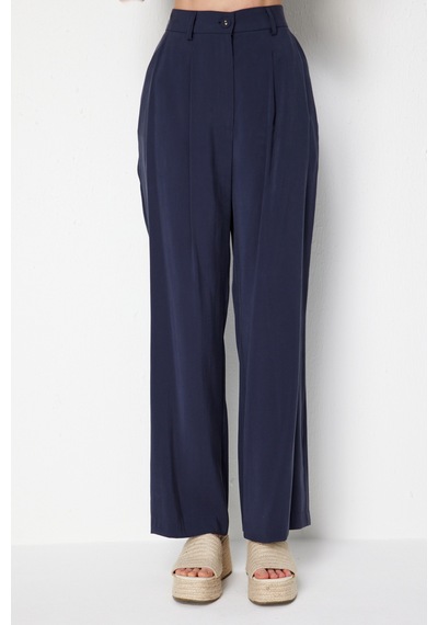 On Kadın Pile Detaylı Bol Paça Pantolon 74909 Indigo Indigo