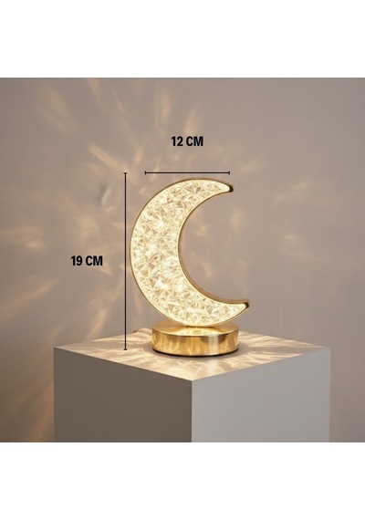 Hilal Ay Model Kristal Led Masa Lambası Dokunmatik, 3 Renk Işık Modlu, Şarjlı Mini Dekoratif Gece Lambası Beyaz