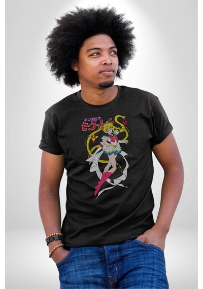 Sailor Moon Anime Usagi Tsukino Unisex Unisex Siyah Organik Baskılı T-shirt Penye Yüksek Kalite Siyah