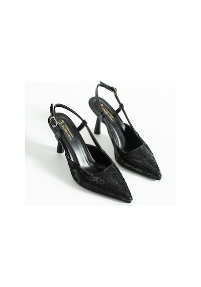 Lebibe Shoes Lısa Kadın Siyah Sivri Burun 7 Cm Topuklu Çiçek Dantel Desenli Rugan Slingback Ayakkabı