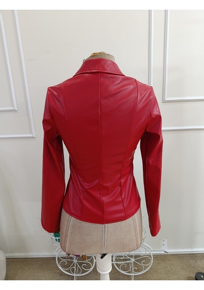 Butik İstanbul Kadın Uzun Kollu Önden Fermuarlı Cepli Kısa Deri Ceket Kırmızı
