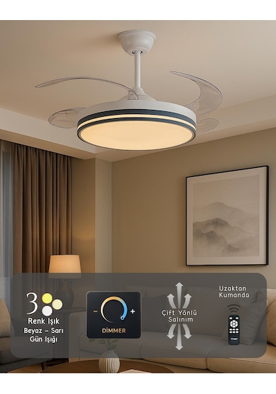 Hoogar German Kuhle Antrasit Tavan Vantilatörü 3 Renk Led Gizli Pervaneli Kumandalı Dimmer Ayarlı Bl Sistem Isınmaz Motor