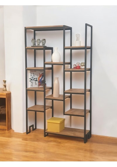Çam Rengi Ahşap Raflı Metal Kitaplık 12 Raflı Ünite