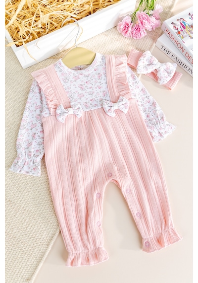 Babymod Çiçek Desenli Bandanalı 100% Pamuk Kız Bebek Tulum Somon