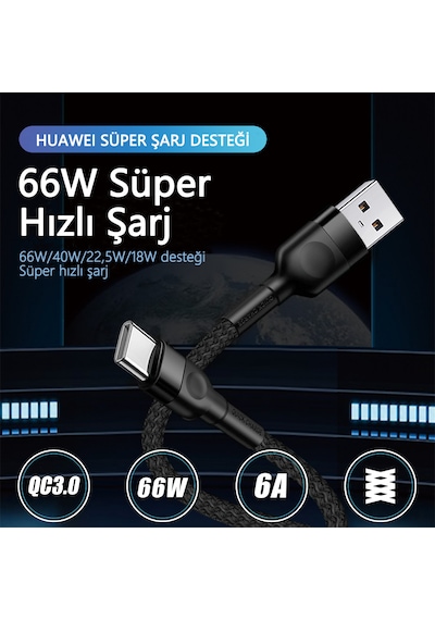 66w Süper Hızlı Şarj Kablosu 1 Metre Type-c Bağlantı 6a Akım Qc3.0 Uyumlu Yüksek Yoğunluklu Dokuma Usb - Type-c 1m Black
