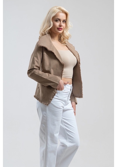 Bold & Young Kadın Camel Tek Cepli Metal Fermuarlı Pis Dikişli Ceket