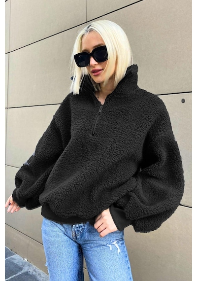 Siyah Peluş Fermuar Yaka Sweatshirt Mg1413 Siyah