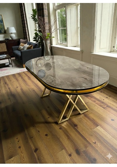 Msy Home İroni Gold/krom Detaylı Lake Panel 90 170 Cm Oval Masa Siyah