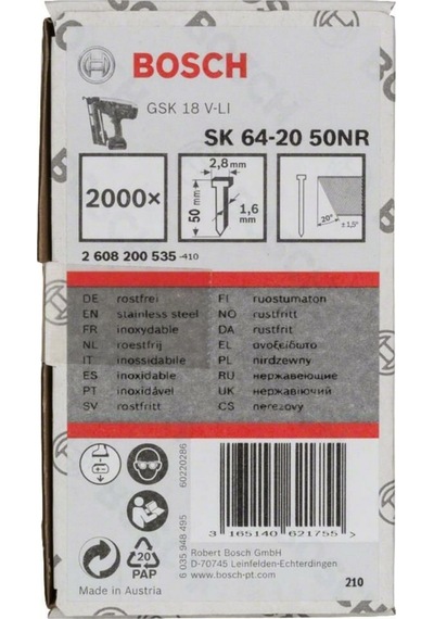 Bosch Başsız Çivi 20 50 Mm Paslanmaz 2000Li – 2608200535
