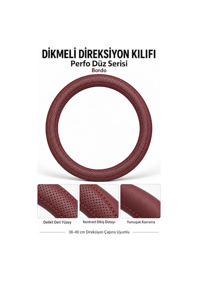 Trobus Volkswagen Taigo 2021-2025 Uyumlu Dikmeli Direksiyon Kılıfı Perfo Düz Delikli Deri Bordo
