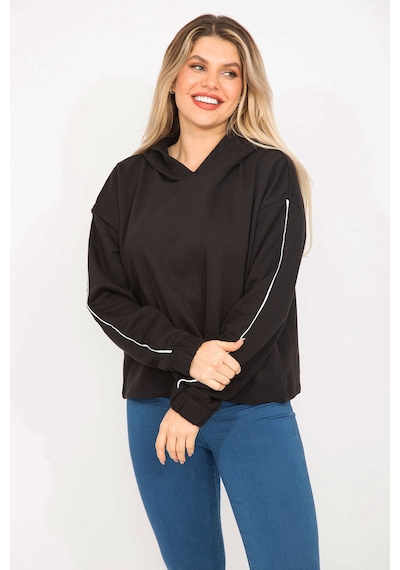 Şans Kadın Siyah Kolları Biye Detaylı Kapşonlu Sweatshirt 65n35301-siyah Siyah