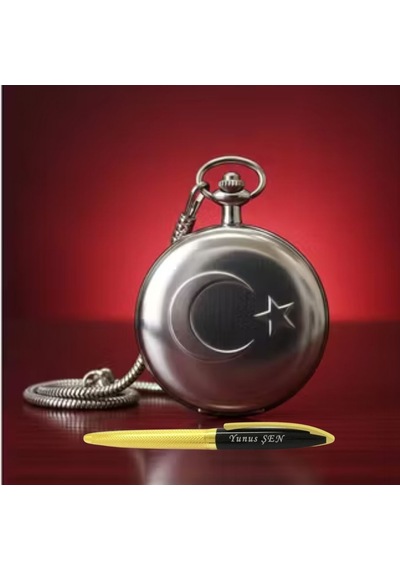 Kişiye Özel İsim Yazılı Kalem Ve Ay Yıldızlı Köstekli Saat Hediye Seti