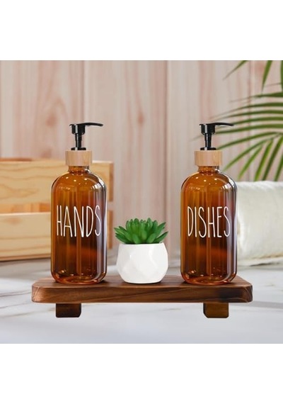 Dispenser Seti 2 Li Şişe Hands Dishes Etiketli Bambu Kapaklı Sıvı Sabun Deterjan Pompası Çok Renkli