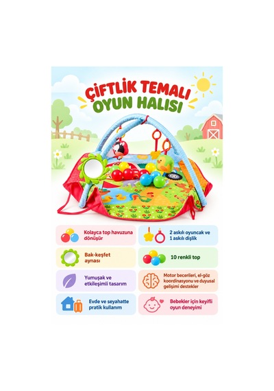Çiftlik Temalı 10 Toplu Bebek Oyun Halısı Askılı Oyuncaklı Yumuşak Canlı Renkli Eğitici Oyun Halısı